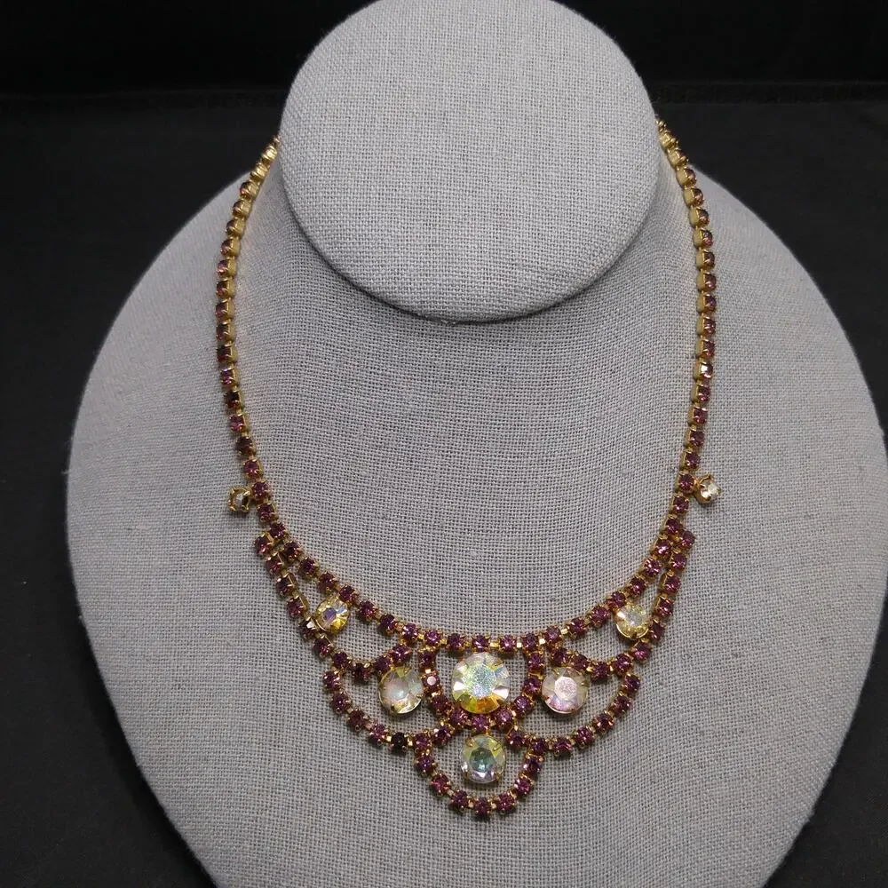 Vintage Purple AB Clear Rhinestone Choker Necklace, Gold Plated, Aurora Borealis